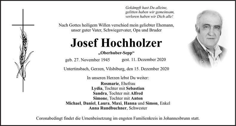 Traueranzeige Josef Hochholzer