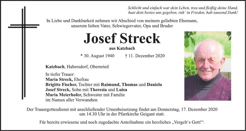 Traueranzeige Josef Streck