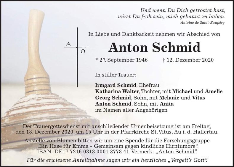 Traueranzeige Anton Schmid