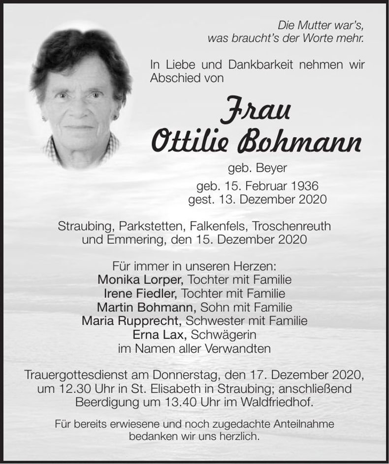 Traueranzeige Ottilie Bohmann