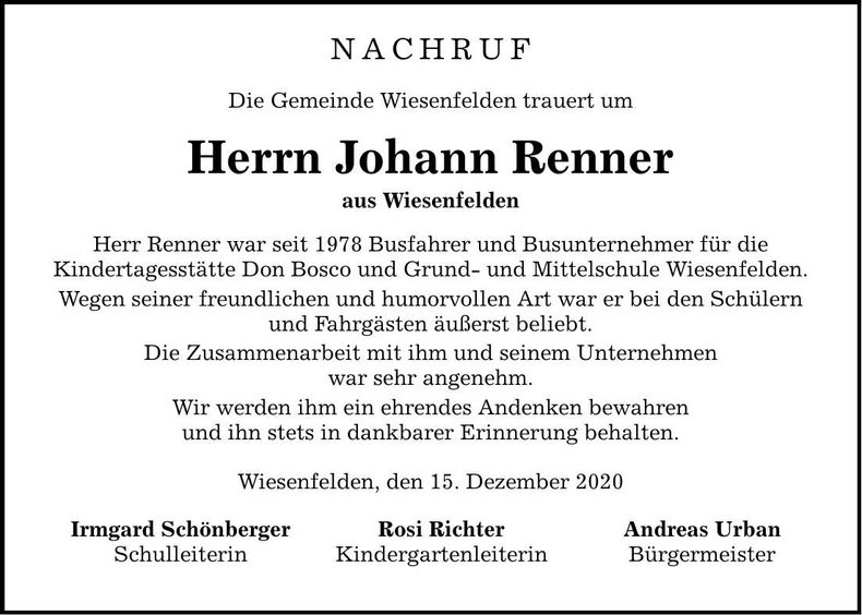 Traueranzeige Johann Renner