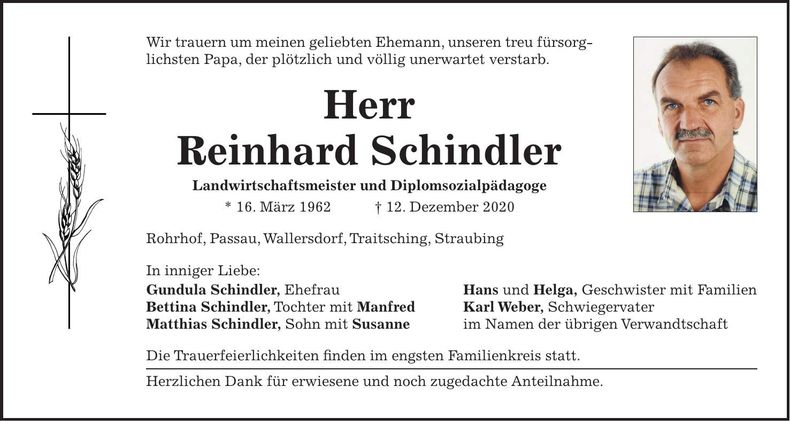 Traueranzeige Reinhard Schindler
