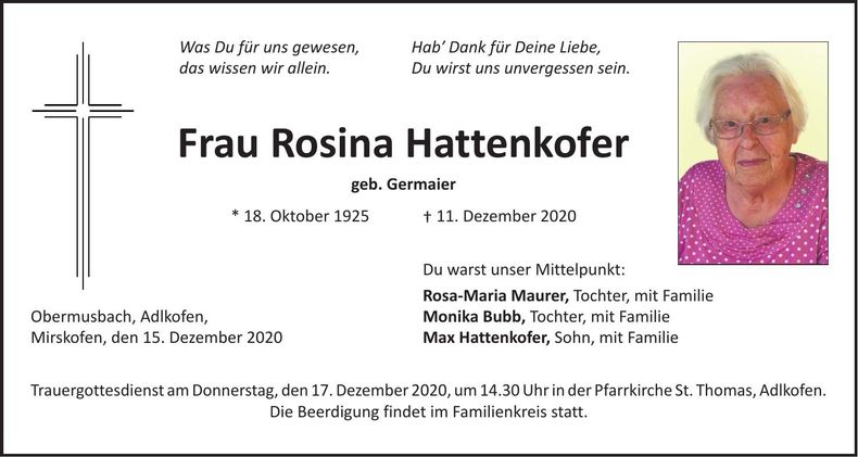 Traueranzeige Rosina Hattenkofer