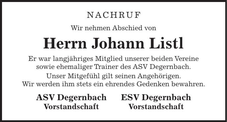 Traueranzeige Johann Listl