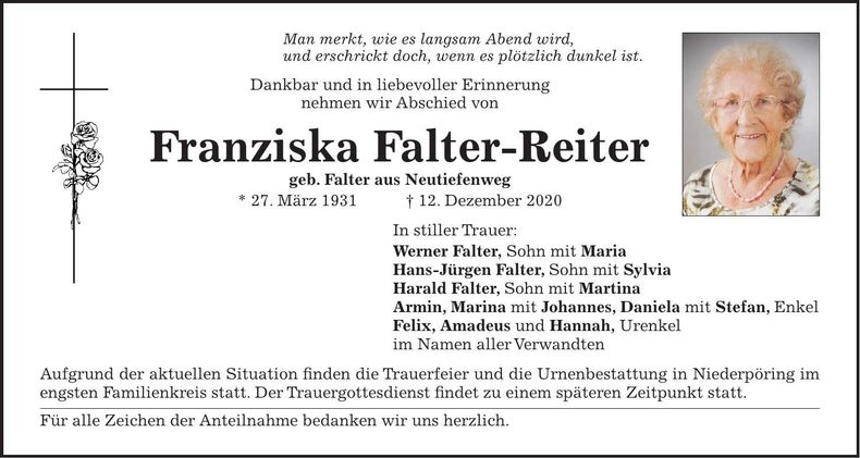 Traueranzeige Franziska Falter-Reiter