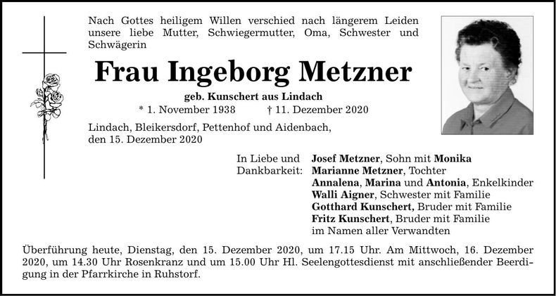 Traueranzeige Ingeborg Metzner