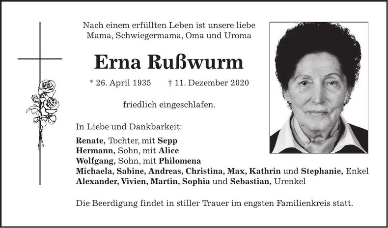 Traueranzeige Erna Rußwurm