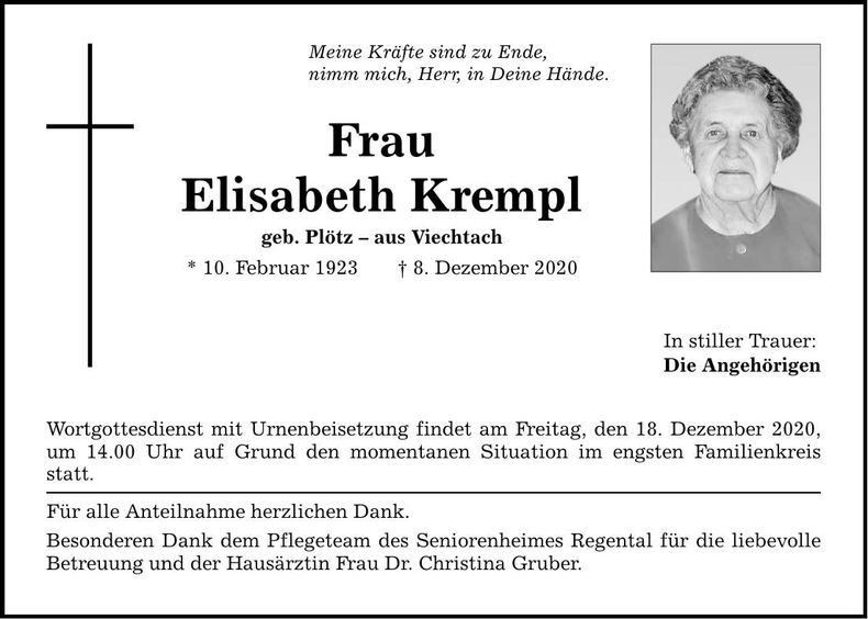 Traueranzeige Krempl Elisabeth