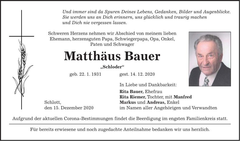 Traueranzeige Matthäus Bauer