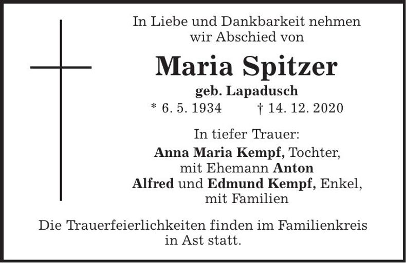 Traueranzeige Maria Spitzer