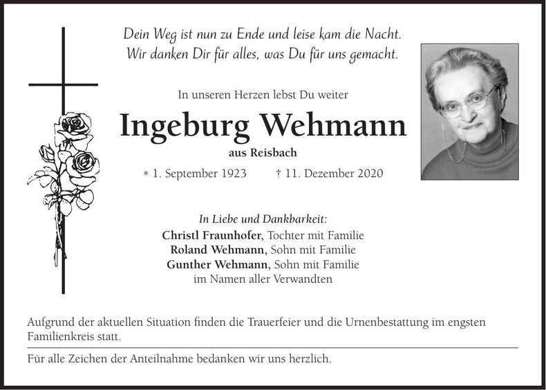 Traueranzeige Ingeburg Wehmann