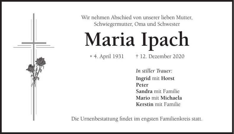 Traueranzeige Maria Ipach