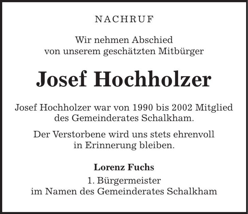 Traueranzeige Josef Hochholzer