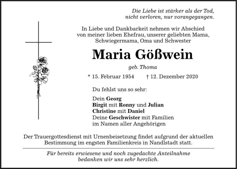 Traueranzeige Maria Gößwein