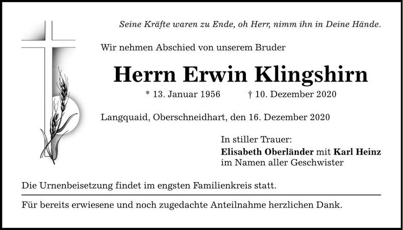 Traueranzeige Erwin Klingshirn