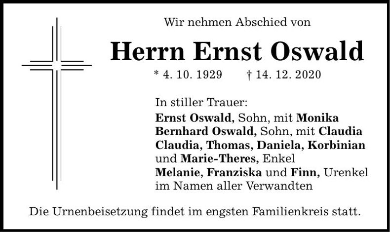 Traueranzeige Ernst Oswald