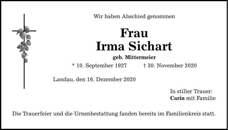 Traueranzeige Irma Sichart