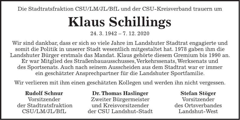 Traueranzeige Klaus Schillings