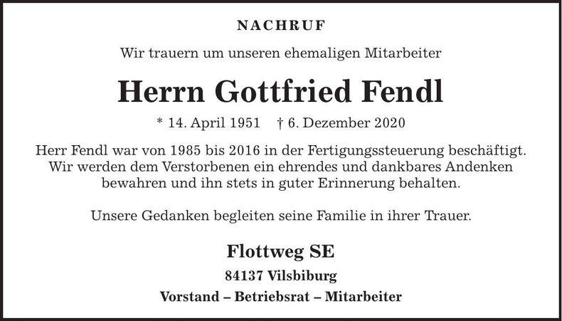Traueranzeige Gottfried Fendl
