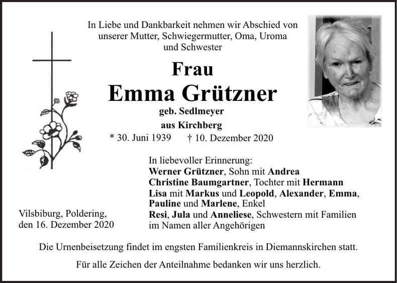 Traueranzeige Emma Grützner