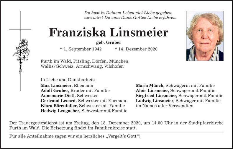 Traueranzeige Franziska Linsmeier