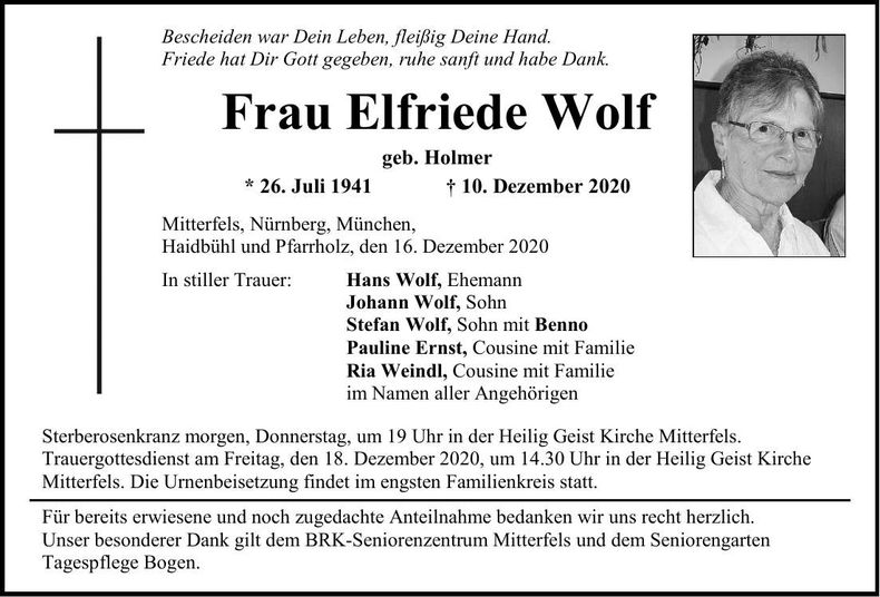Traueranzeige Elfriede Wolf