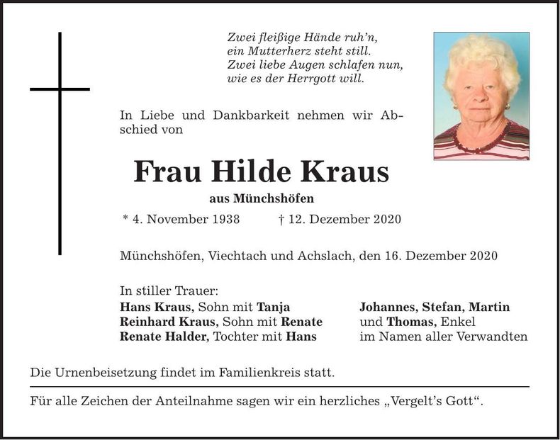 Traueranzeige Kraus Hilde