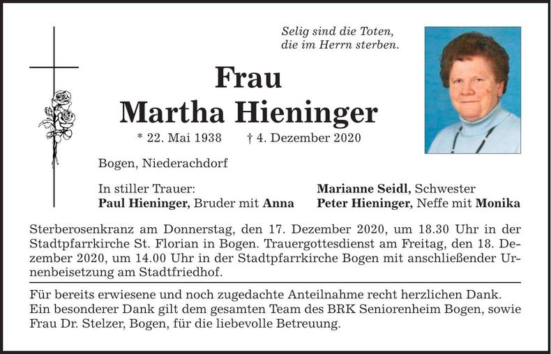 Traueranzeige Martha Hieninger