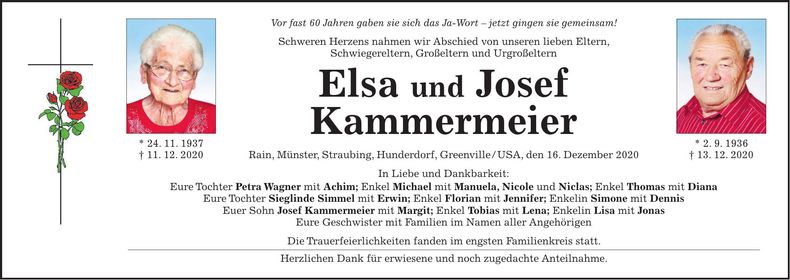 Traueranzeige Elsa und Josef Kammermeier