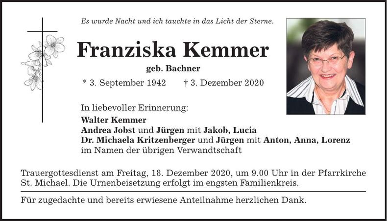 Traueranzeige Franziska Kemmer