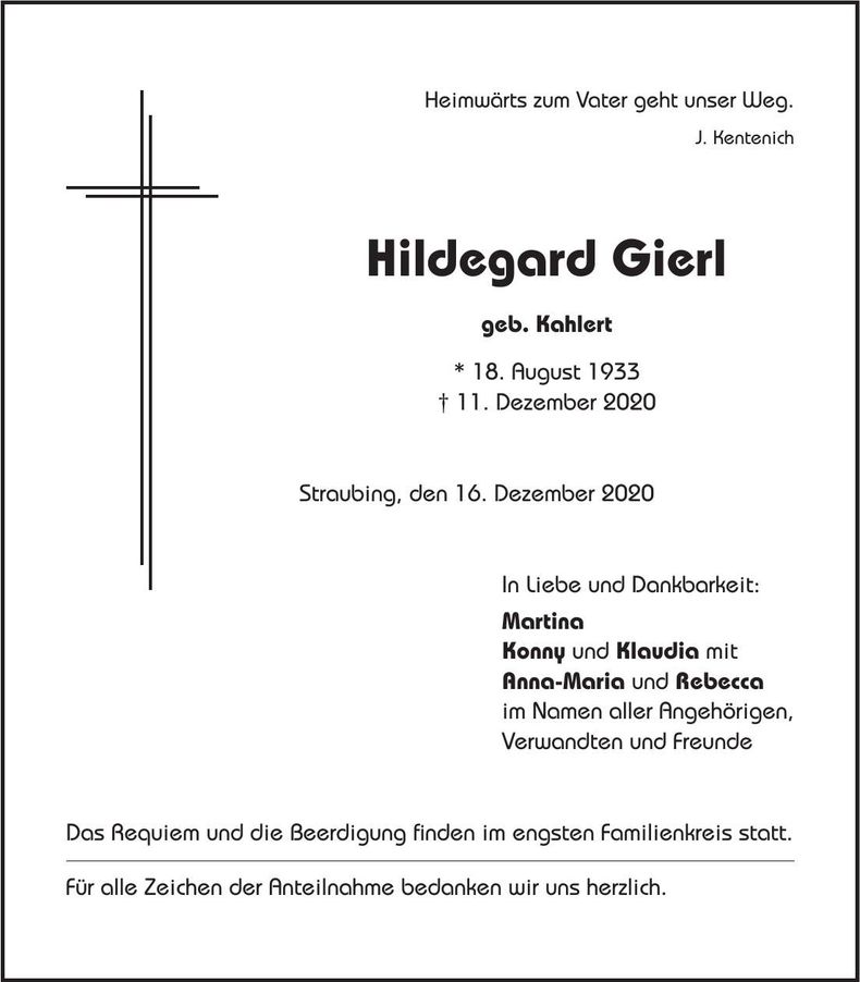 Traueranzeige Hildegard Gierl