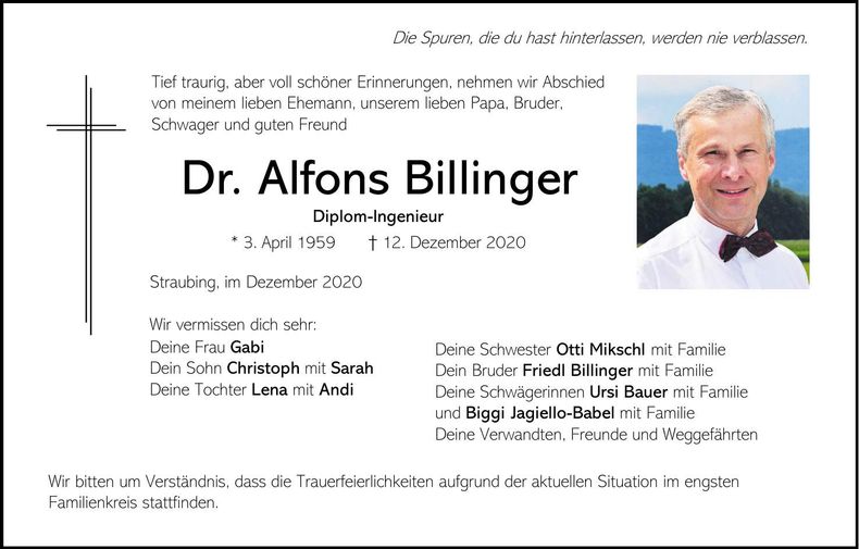 Traueranzeige Alfons Dr. Billinger