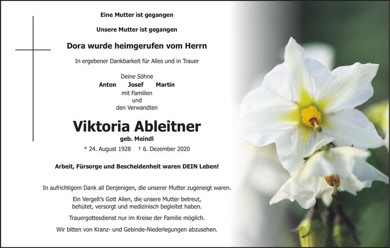 Traueranzeige Viktoria Ableitner
