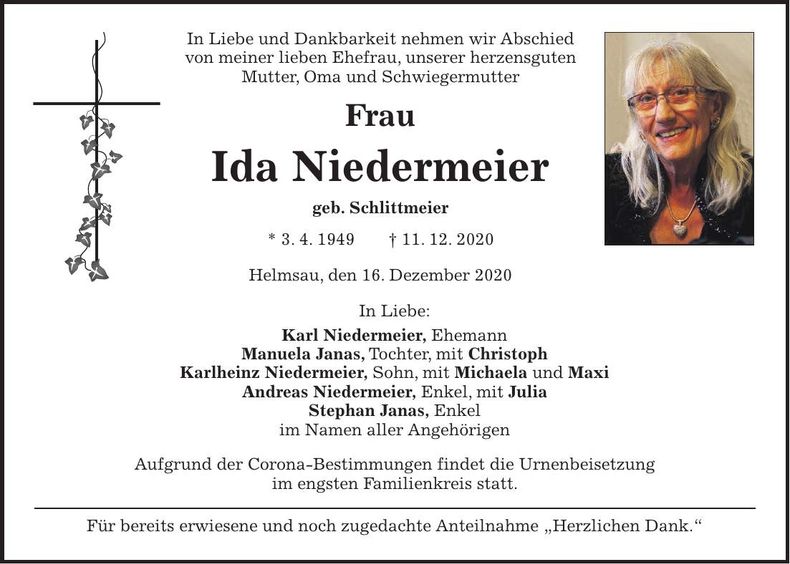Traueranzeige Ida Niedermeier