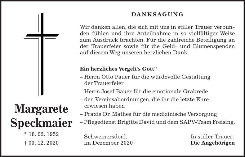 Traueranzeige Margarete Speckmaier
