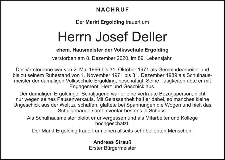 Traueranzeige Josef Deller