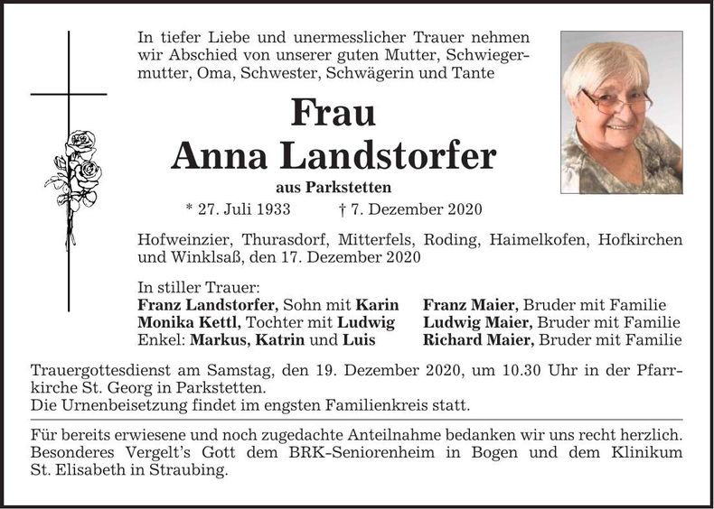 Traueranzeige Anna Landstorfer