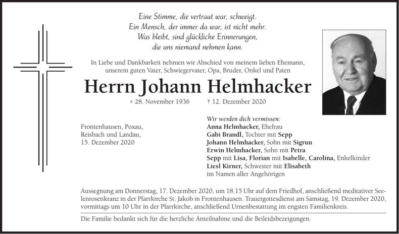 Traueranzeige Johann Helmhacker