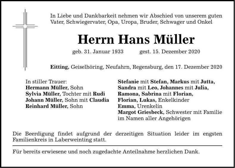 Traueranzeige Hans Müller