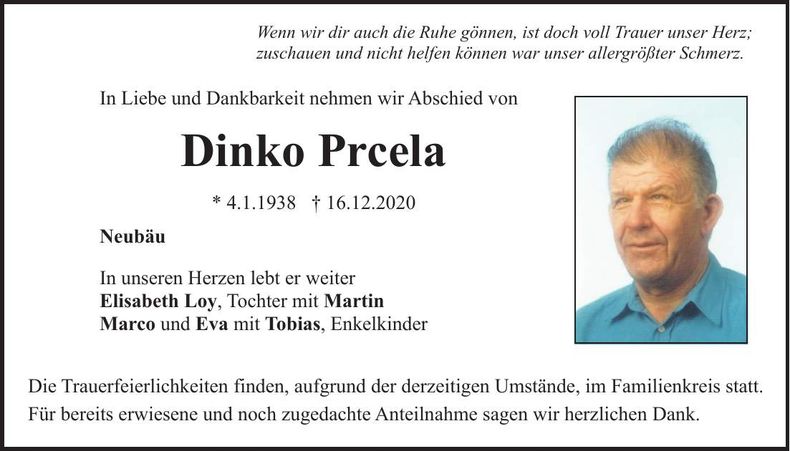 Traueranzeige Dinko Prcela