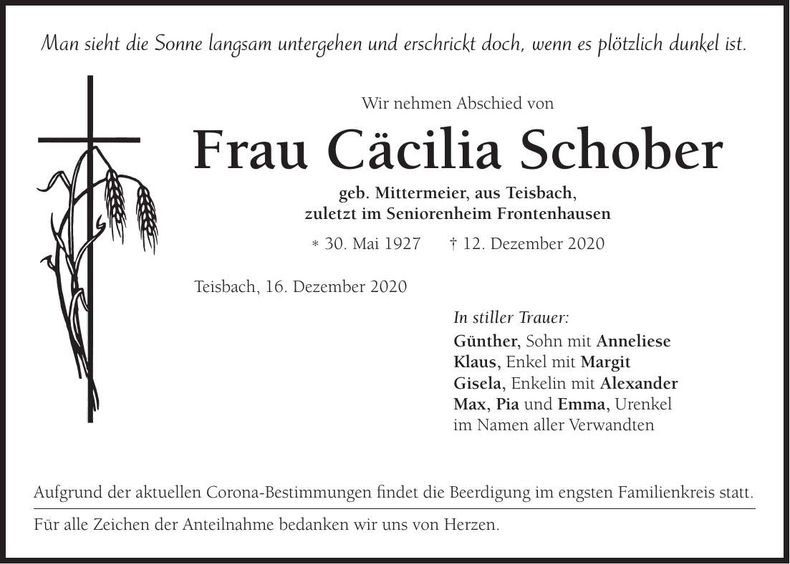 Traueranzeige Cäcilia Schober