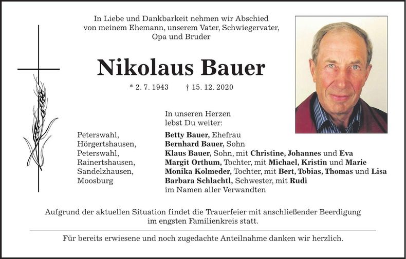 Traueranzeige Nikolaus Bauer