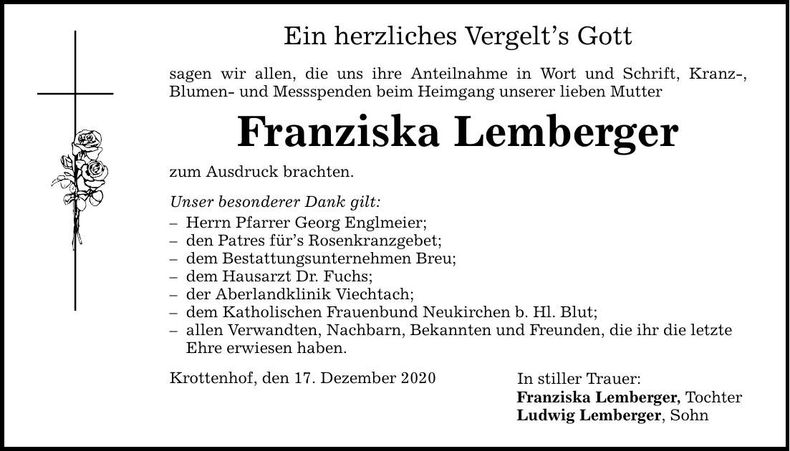 Traueranzeige Franziska Lemberger