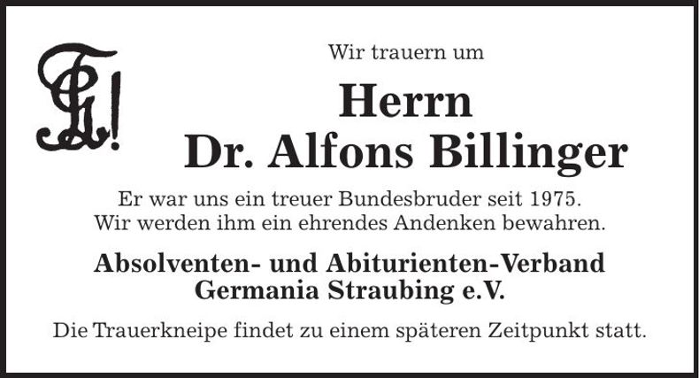 Traueranzeige Alfons Billinger