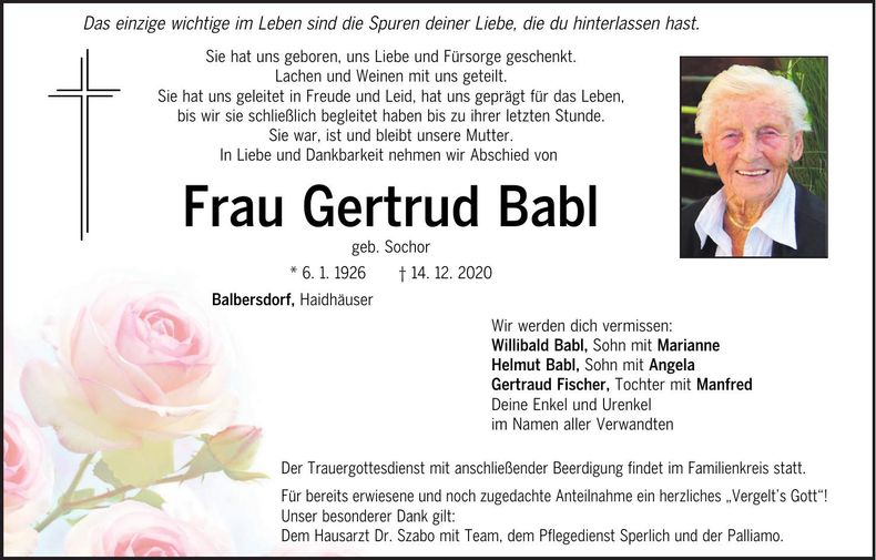 Traueranzeige Gertrud Babl