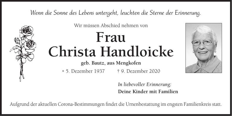 Traueranzeige Christa Handloicke