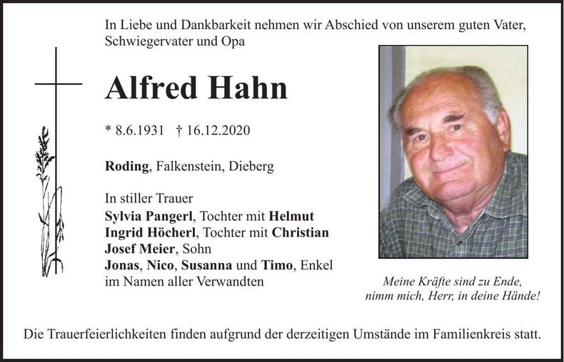Traueranzeige Alfred Hahn