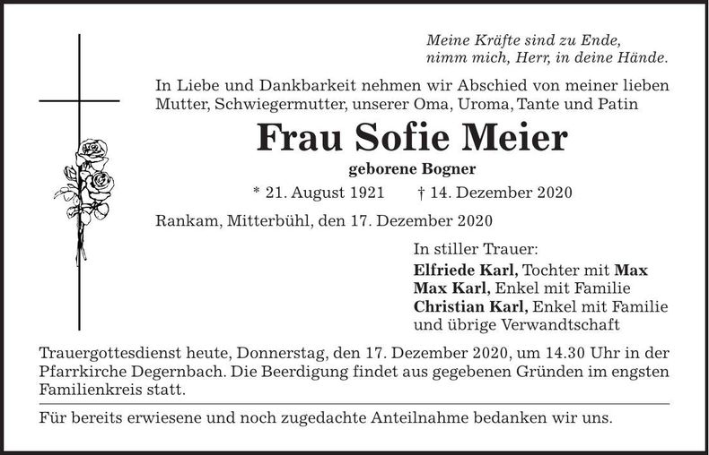 Traueranzeige Sofie Meier