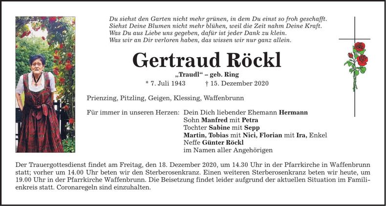 Traueranzeige Gertraud Röckl