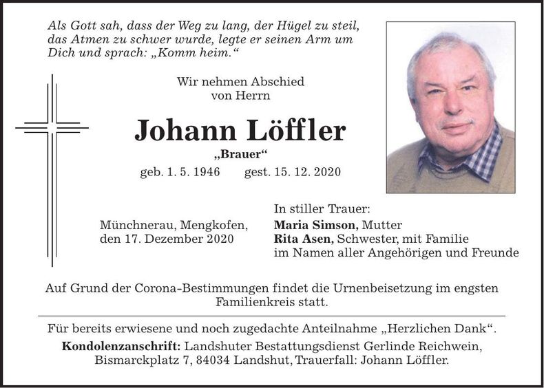Traueranzeige Johann Löffler
